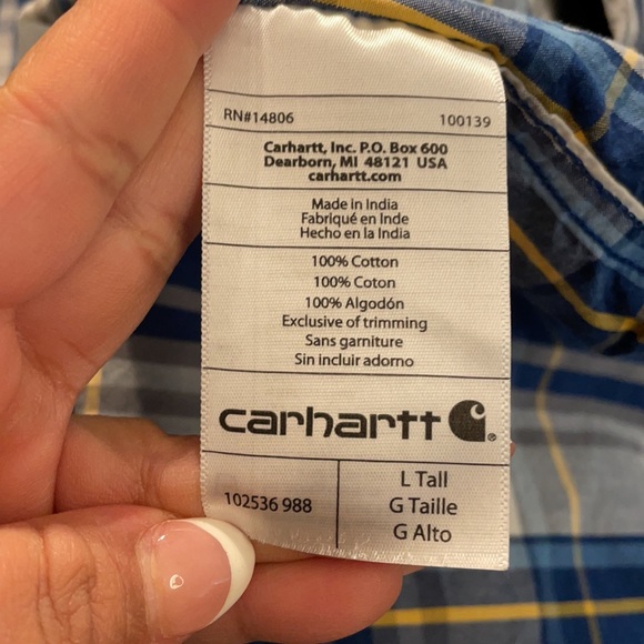 Carhartt Mens Dark Cobalt Blue Essential Plaid Button Down SS Shirt - Picture 3 of 5